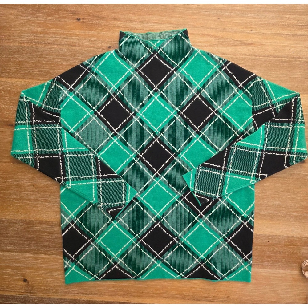 Tahari Womens Green Black Plaid Mock Neck Knit Top Long Sleeve Pullover Size M